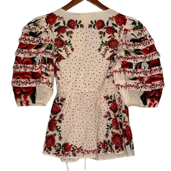 NWT Farm Rio x Anthropologie Vibrant Red Floral Wrap Top Size S Puff Sleeve - Picture 6 of 14